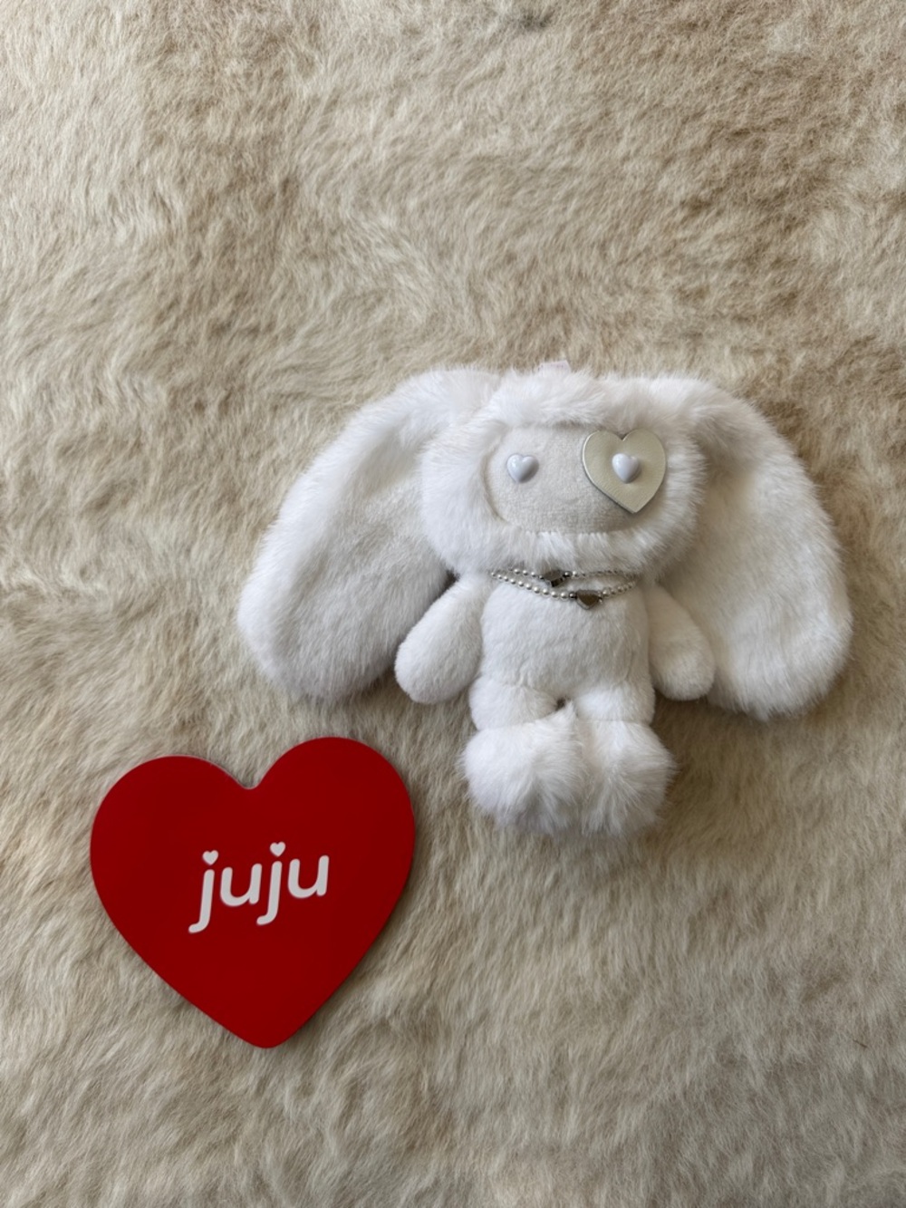 Cj Hendry Juju White Plush Bunny Bag Charm with Heart Eyes